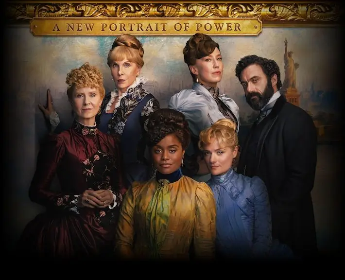 Las protagonistas de The Gilded Age posan frente a un gran cuadro con la leyenda «A New Portrait of Power»