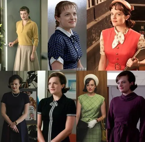 Collage de siete imágenes de una misma mujer con distintos atuendos de los años sesenta: suéter amarillo y falda beige, vestido de cuadrillé azul, chaleco rojo con pañuelo, vestido azul oscuro con perlas, vestido negro con detalles blancos, vestido verde con sombrero y guantes blancos, y vestido violeta con cuello alto.