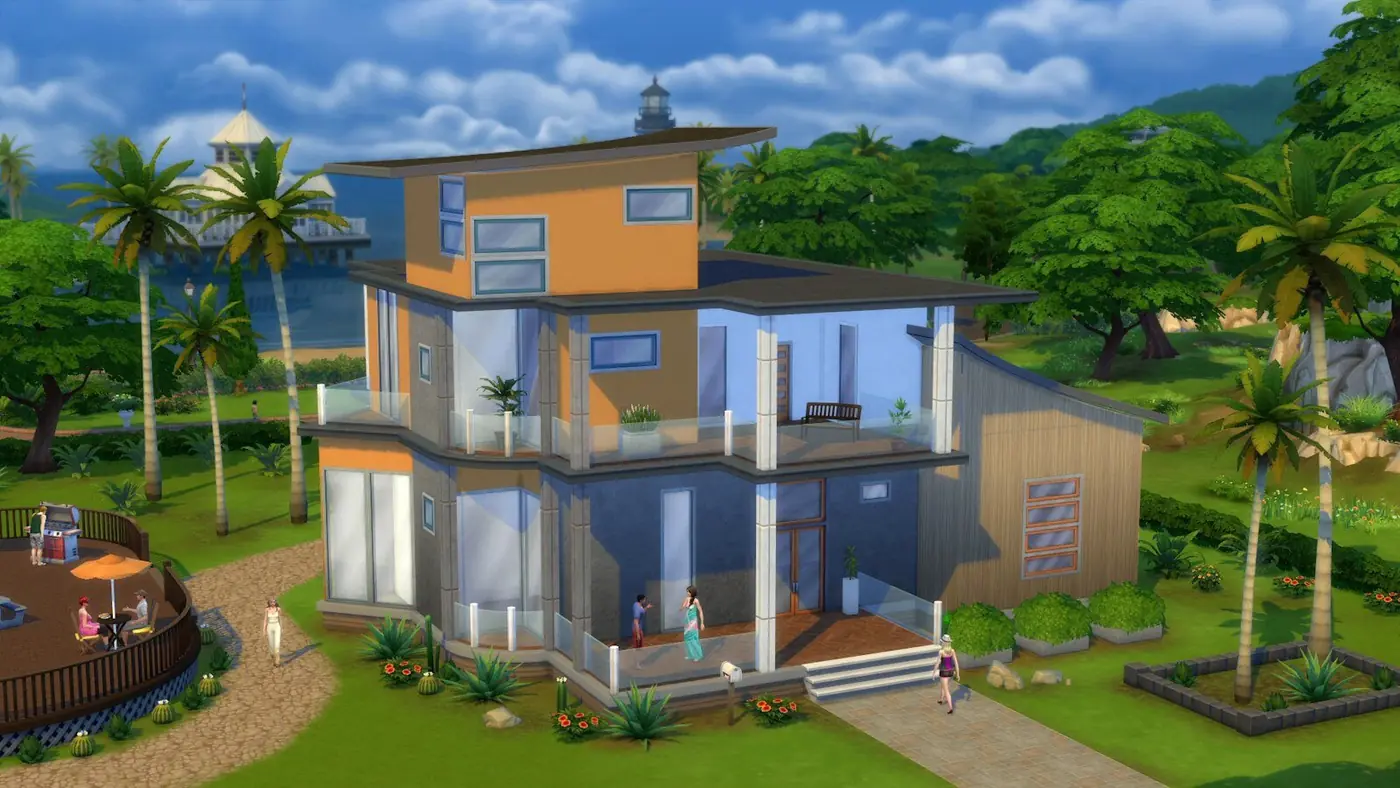 Una casa moderna de tres pisos rodeada de palmeras, construida en The Sims 4
