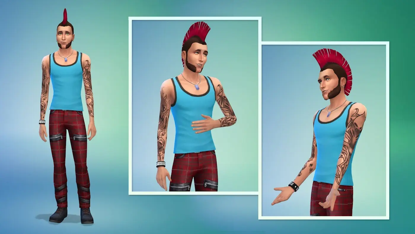 Pantalla de creación de un Sim con cresta roja y tatuajes, visto de frente y de perfil