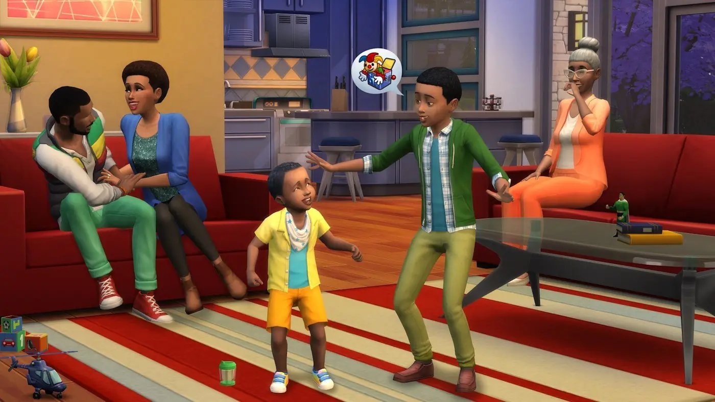 Una familia de Sims de varias generaciones en el living de su casa