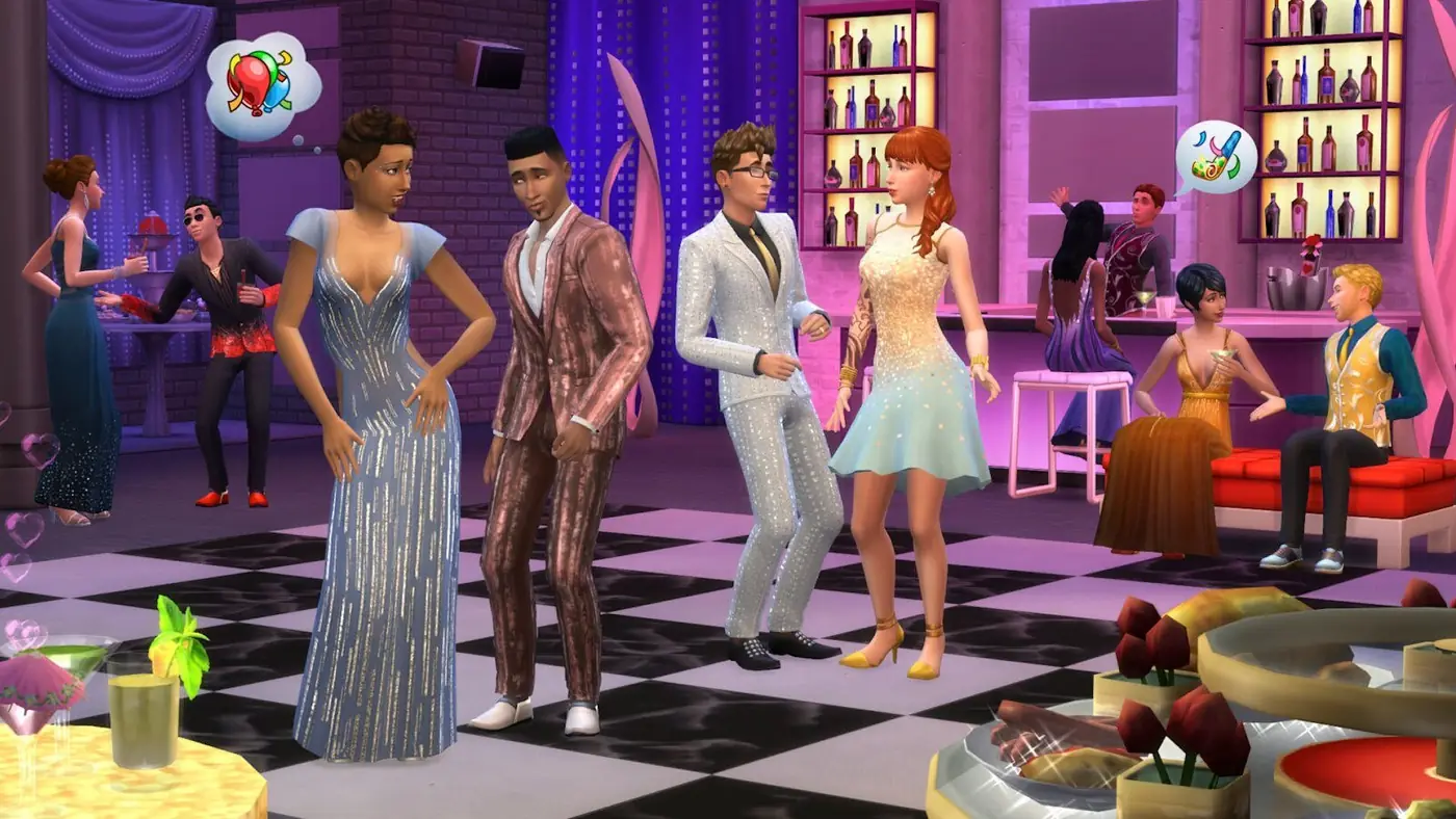 Un grupo de Sims bailando y conversando en una fiesta con piso a cuadros