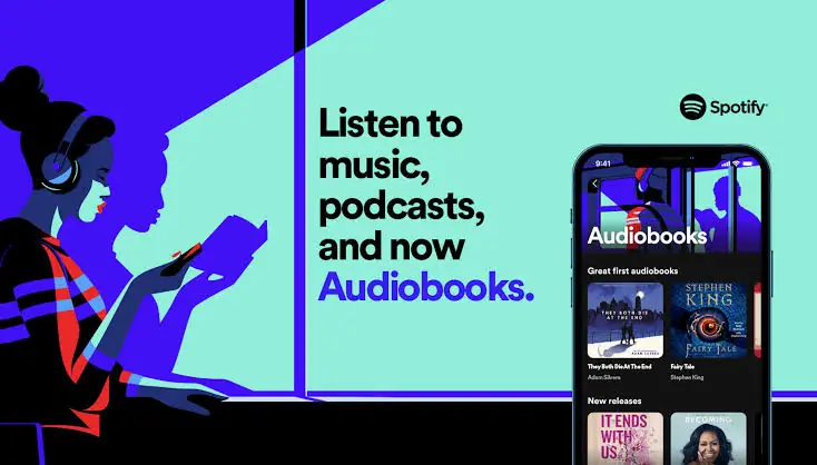 Ilustración de una mujer con auriculares que lee un libro junto a una ventana; al lado, el texto «Listen to music, podcasts, and now Audiobooks» y un celular con la sección de audiolibros de Spotify abierta.