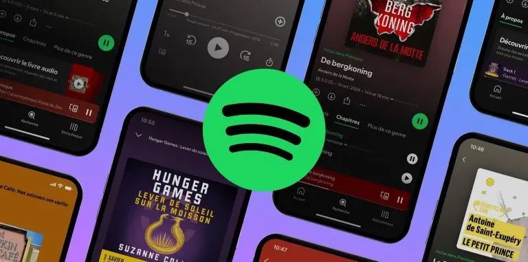 Varios celulares con la app de Spotify abierta en distintos audiolibros, con controles de reproducción y pestañas de capítulos; en el centro, el logo verde de Spotify sobre un fondo violeta y azul.
